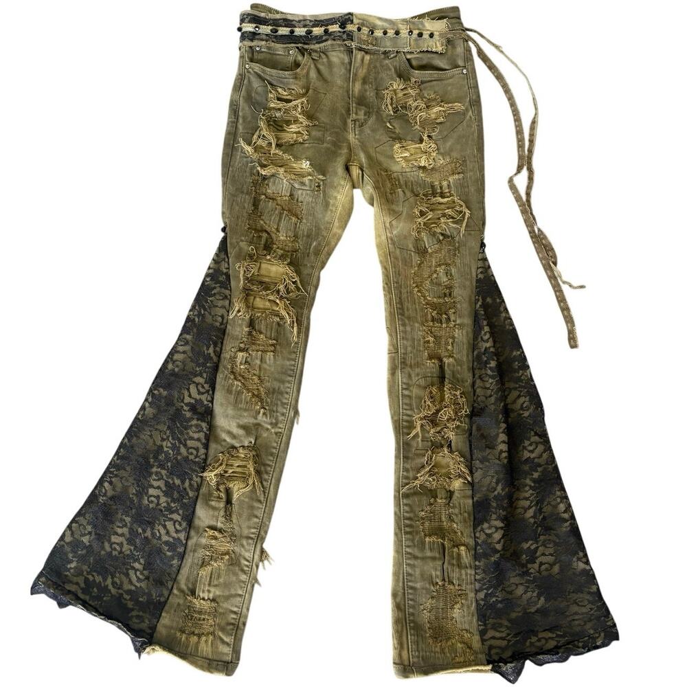Upcycled Distressed Lace Flare Jeans Y2K Britney Style Goth Grunge Earthy 26